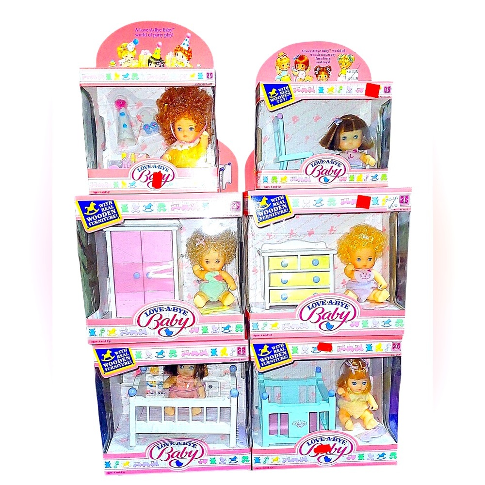 Set of 6 Vintage Love-a-Bye Baby Dolls w/ Real Wooden Furniture/Toys & 6 outfits